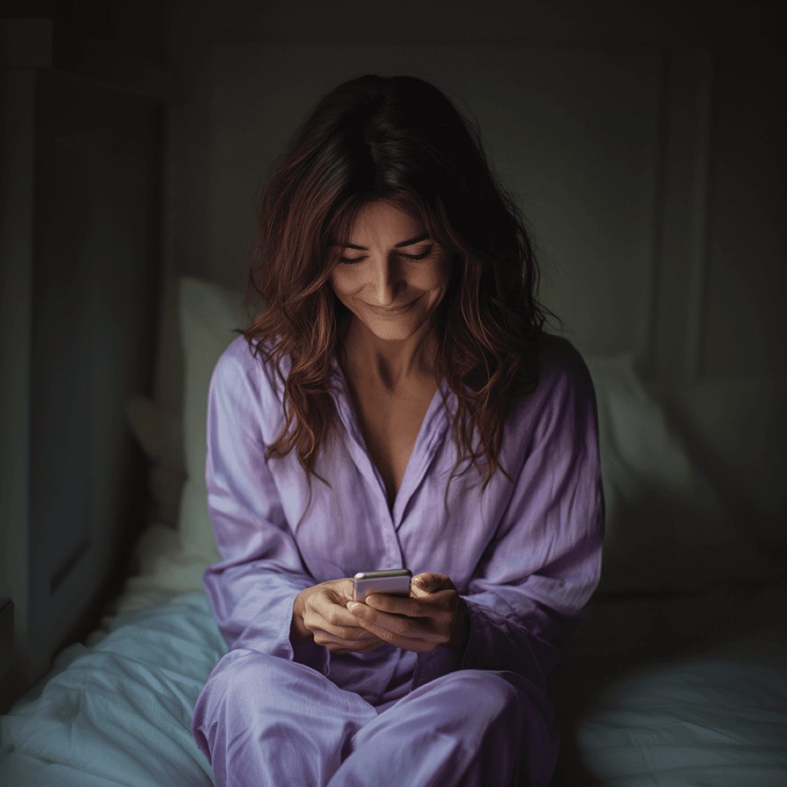 Person using a phone in bed at night, the setting Rest's sleep coach is built for